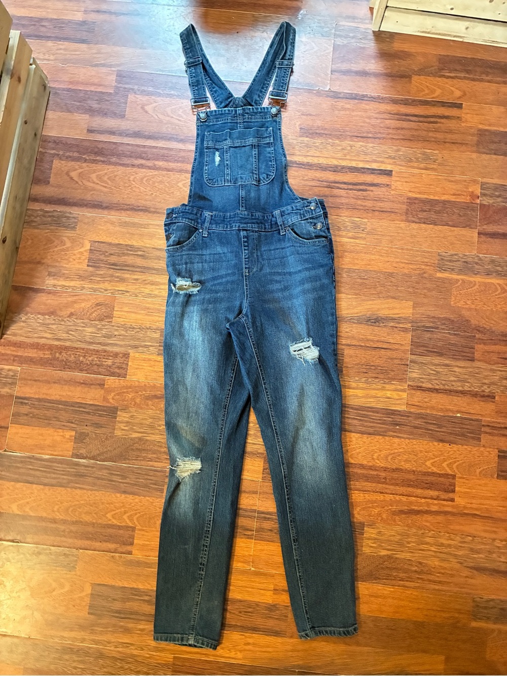 Women’s Distressed Dark Blue Denim Overalls